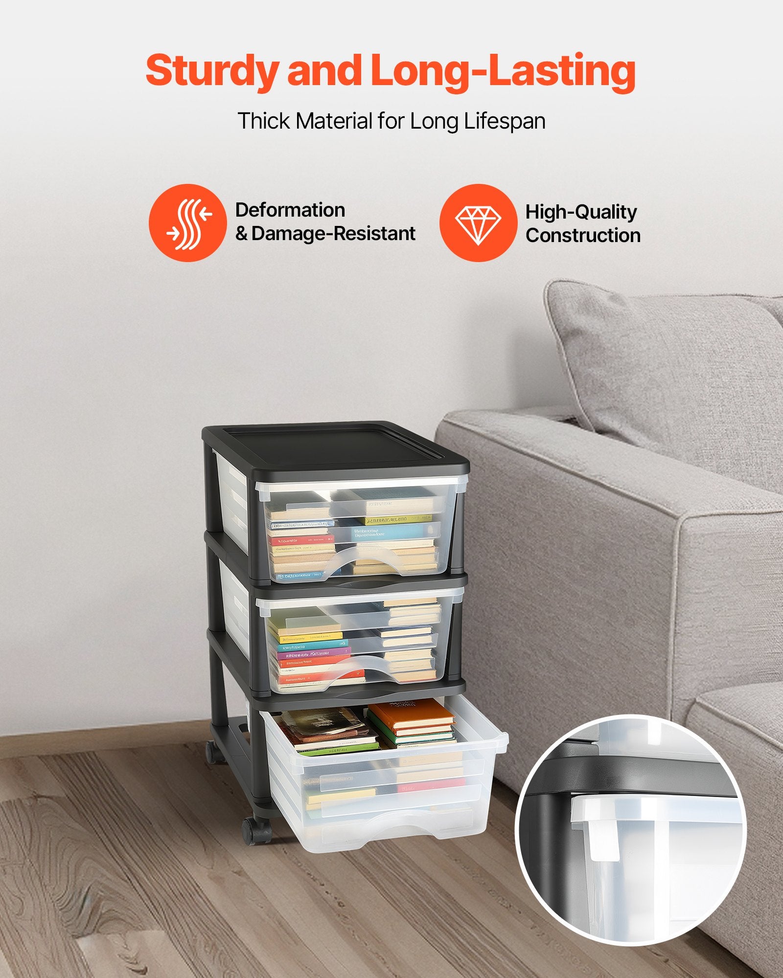 Plastic Storage Drawers Cart, 3 Drawers Storage Organizer With Wheels, Rolling Closet Organization And Storage Dividers, Dresser Organizer Clear Bins For Office Supplies, Craft Rooms, Classrooms