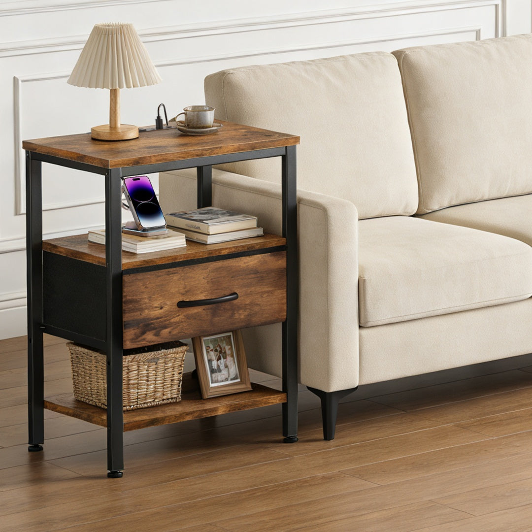 Bedside Table, With Built-in USB- C-type Port Sockets And Adjustable Drawers, 3-layer Storage Rack, And Fabric Drawers