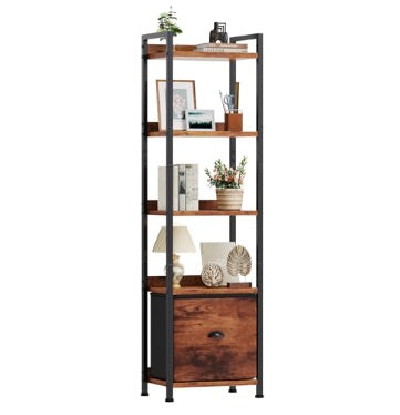 5-layer Bookshelf, Bookcase With Fabric Drawers, Wooden And Metal Storage Boxes