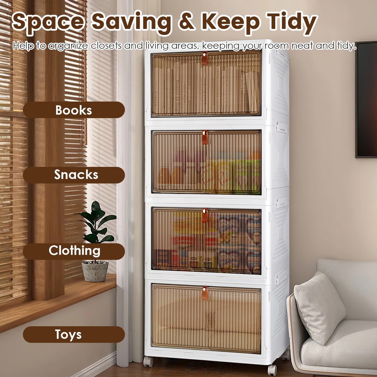 4Pc Foldable Storage Bins With Lid Front Magnetic Door Collapsible Stackable Closet Organizer Containers With 4Pcs 360 Degree Rotatable Wheels