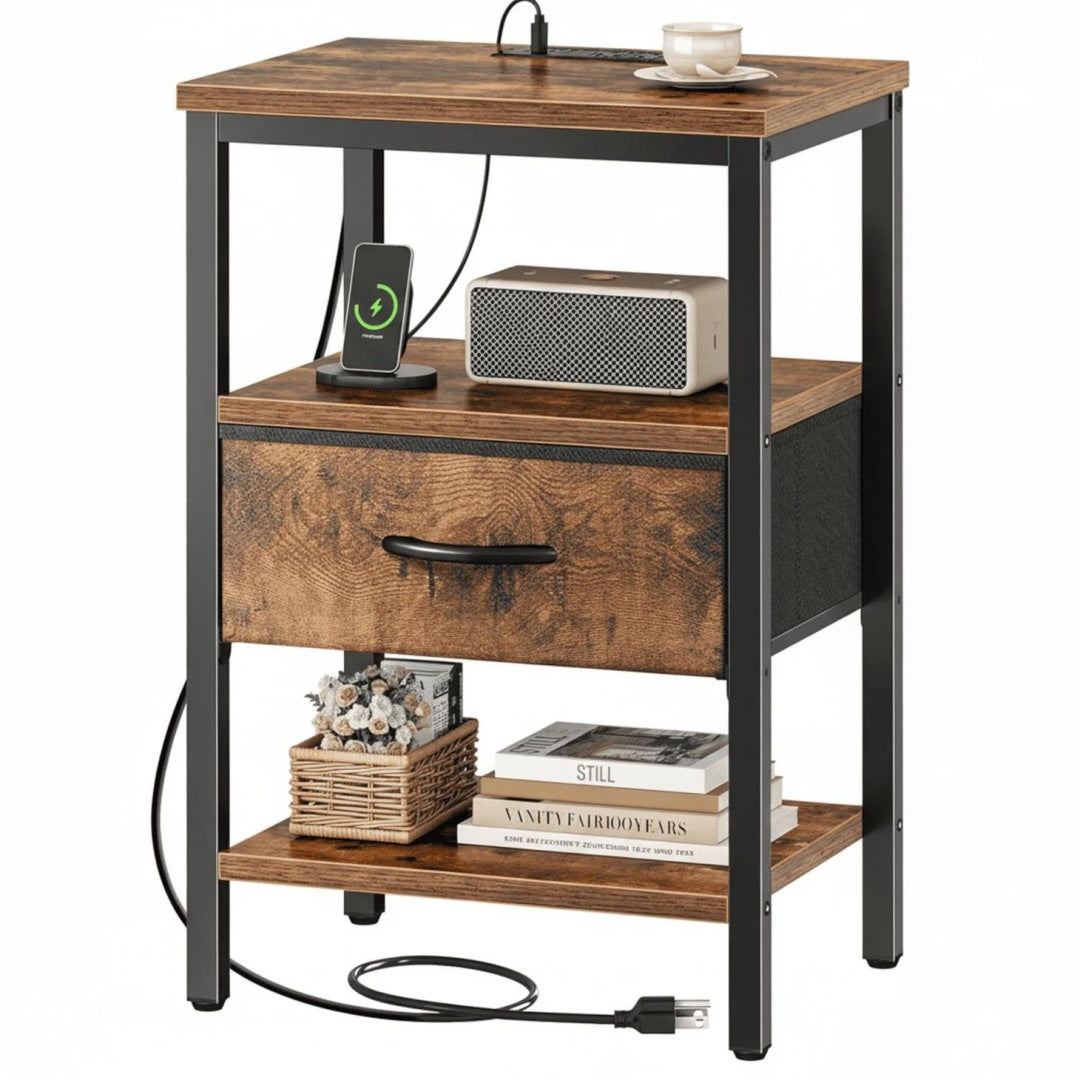 Bedside Table, With Built-in USB- C-type Port Sockets And Adjustable Drawers, 3-layer Storage Rack, And Fabric Drawers