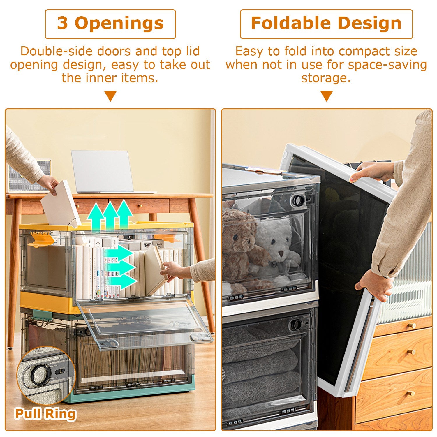 2 Packs Foldable Storage Bins Collapsible Storage Box Organizer Stackable Toy Container With Double Doors Top Lid Rolling Wheels For Clothes Toys Books