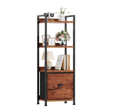 5-layer Bookshelf, Bookcase With Fabric Drawers, Wooden And Metal Storage Boxes