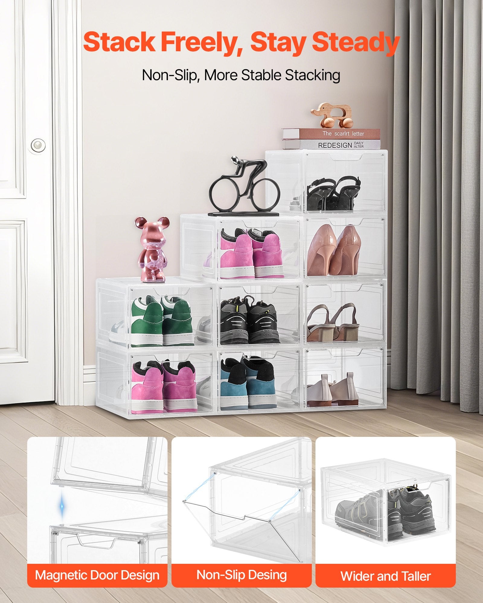 Shoe Storage Boxes, 9 Pack Clear Stackable Shoe Boxes Storage Organizers With Magnetic Door, Fit Up To US Size 13, Plastic Sneaker Containers For High Heels, Boots, And Hats, Transparent White