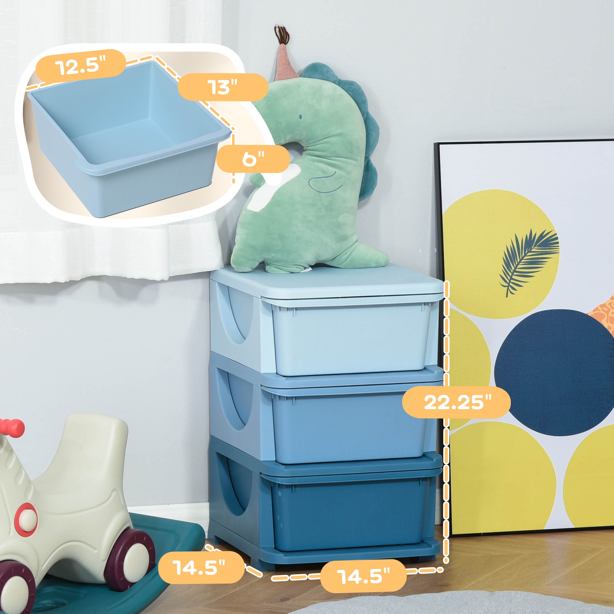 3 Tier Kids Storage Unit, Toy Organizers and Storage with 3 Drawer Chest for Kids Bedroom Nursery Kindergarten Living Room for Boys Girls Toddlers, Blue