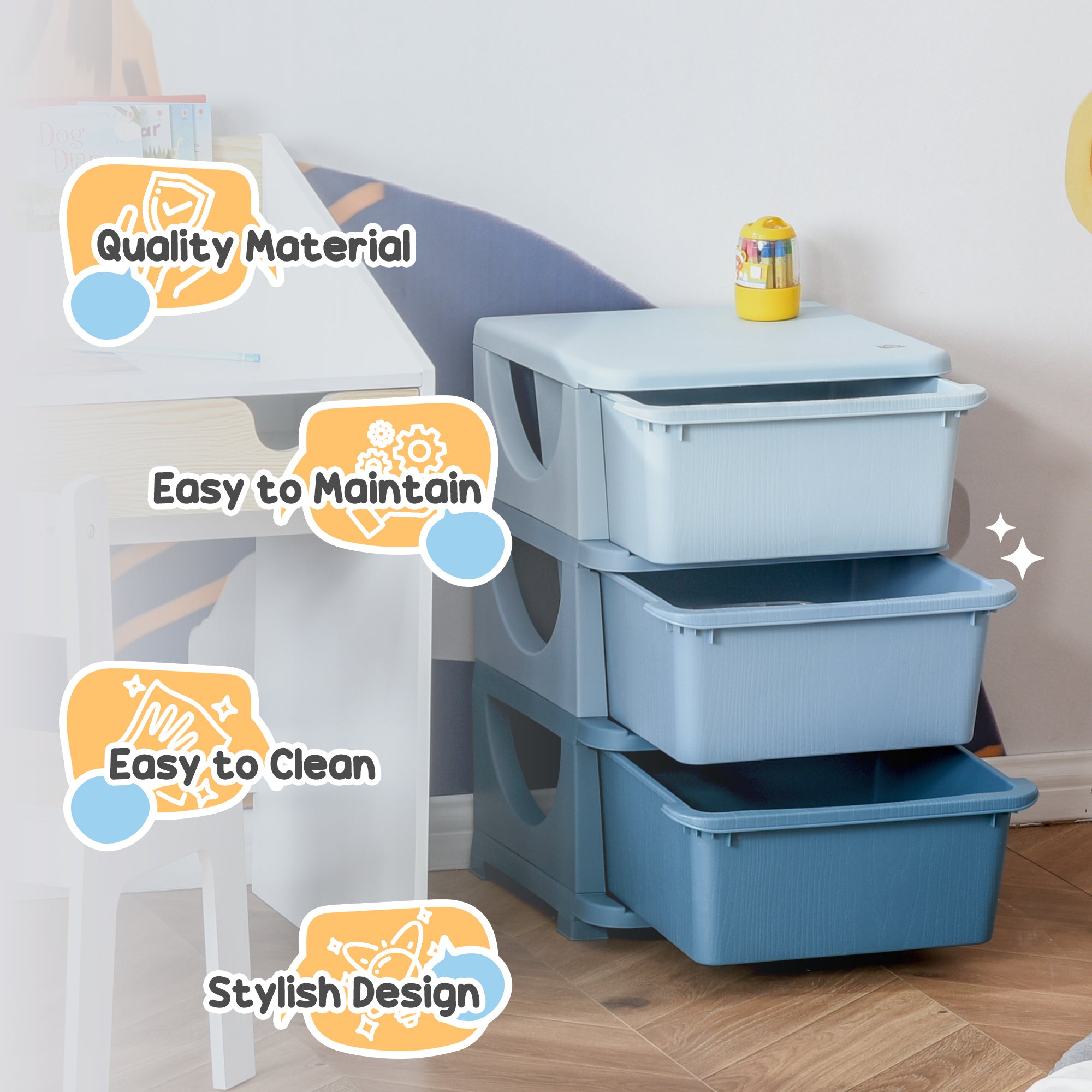 3 Tier Kids Storage Unit, Toy Organizers and Storage with 3 Drawer Chest for Kids Bedroom Nursery Kindergarten Living Room for Boys Girls Toddlers, Blue