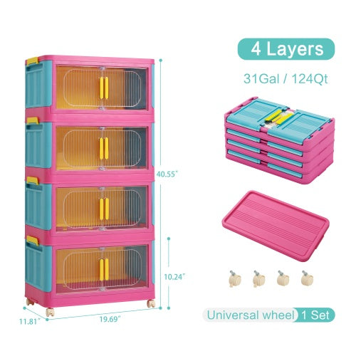 Happy Color, 20 Side Wide Folding Storage Cabinet,4 Tiers,19.69x11.81x40.55,Collapsible Storage Bins With Magnetic Door, Plastic Storage Cabinet With Wheels