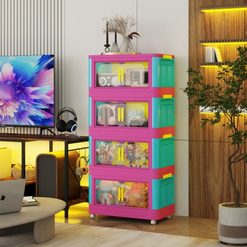 Happy Color, 20 Side Wide Folding Storage Cabinet,4 Tiers,19.69x11.81x40.55,Collapsible Storage Bins With Magnetic Door, Plastic Storage Cabinet With Wheels