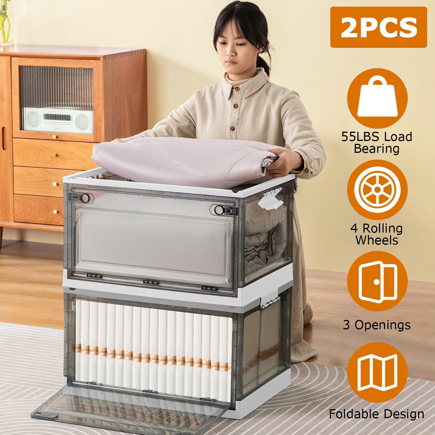 2 Packs Foldable Storage Bins Collapsible Storage Box Organizer Stackable Toy Container With Double Doors Top Lid Rolling Wheels For Clothes Toys Books