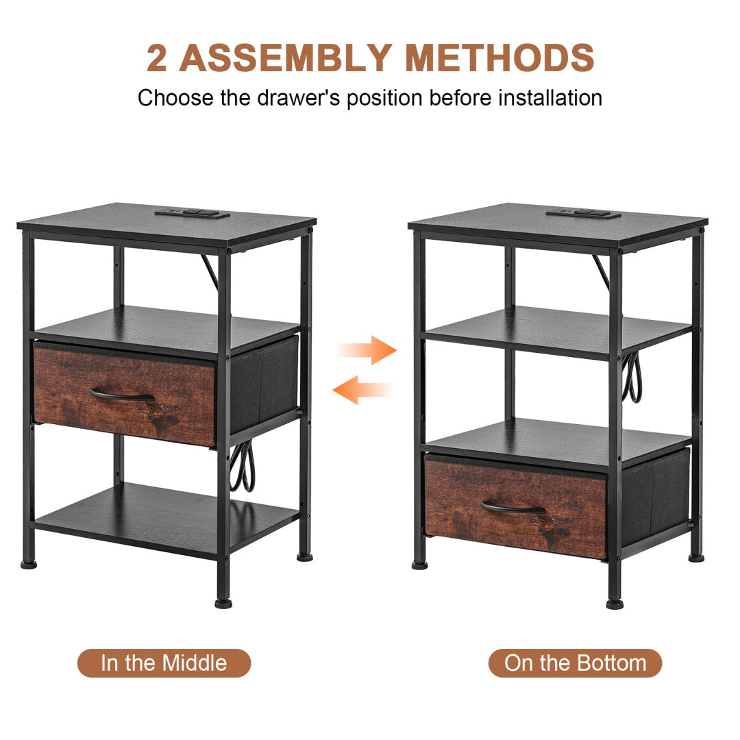 Bedside Table, With Built-in USB- C-type Port Sockets And Adjustable Drawers, 3-layer Storage Rack, And Fabric Drawers