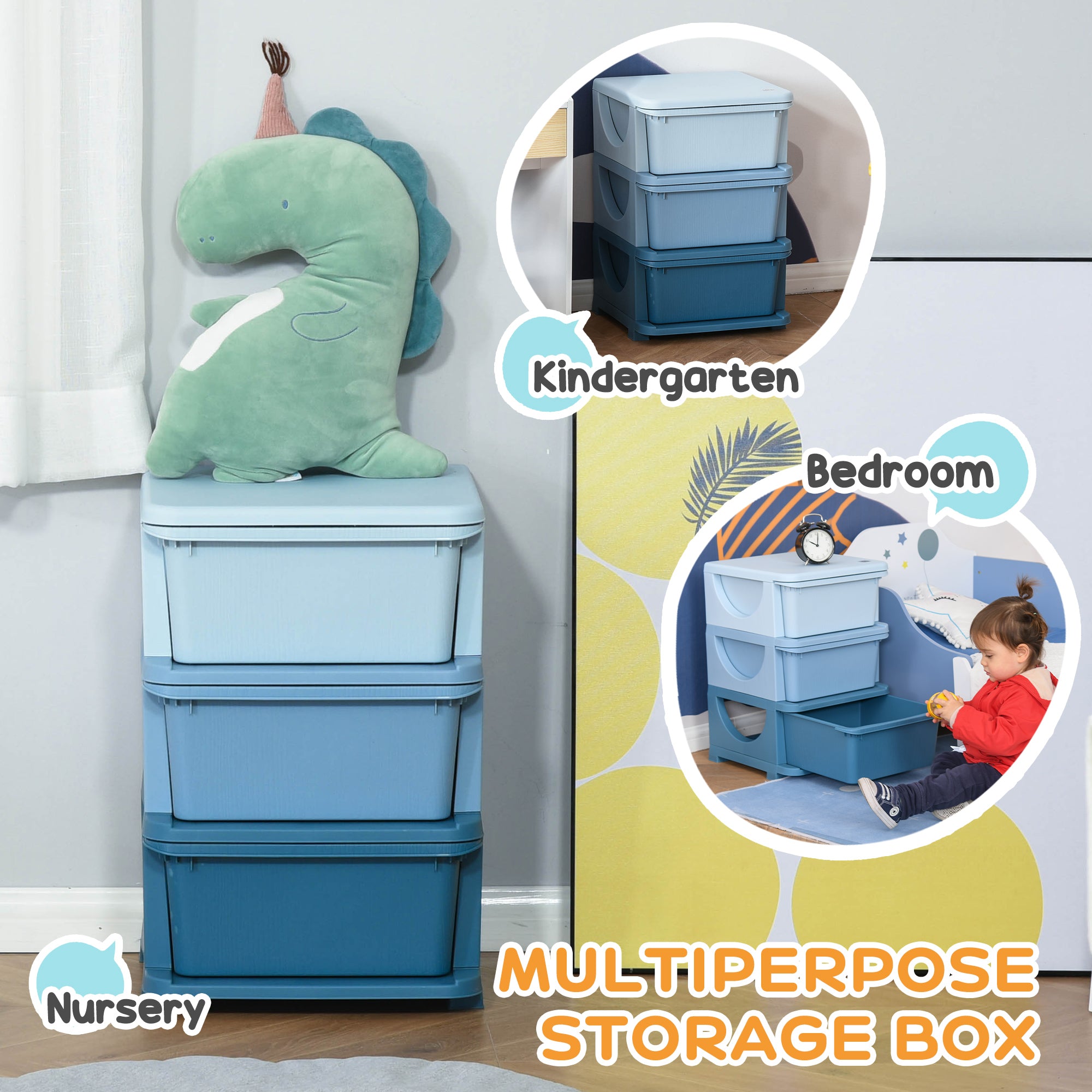 3 Tier Kids Storage Unit, Toy Organizers and Storage with 3 Drawer Chest for Kids Bedroom Nursery Kindergarten Living Room for Boys Girls Toddlers, Blue