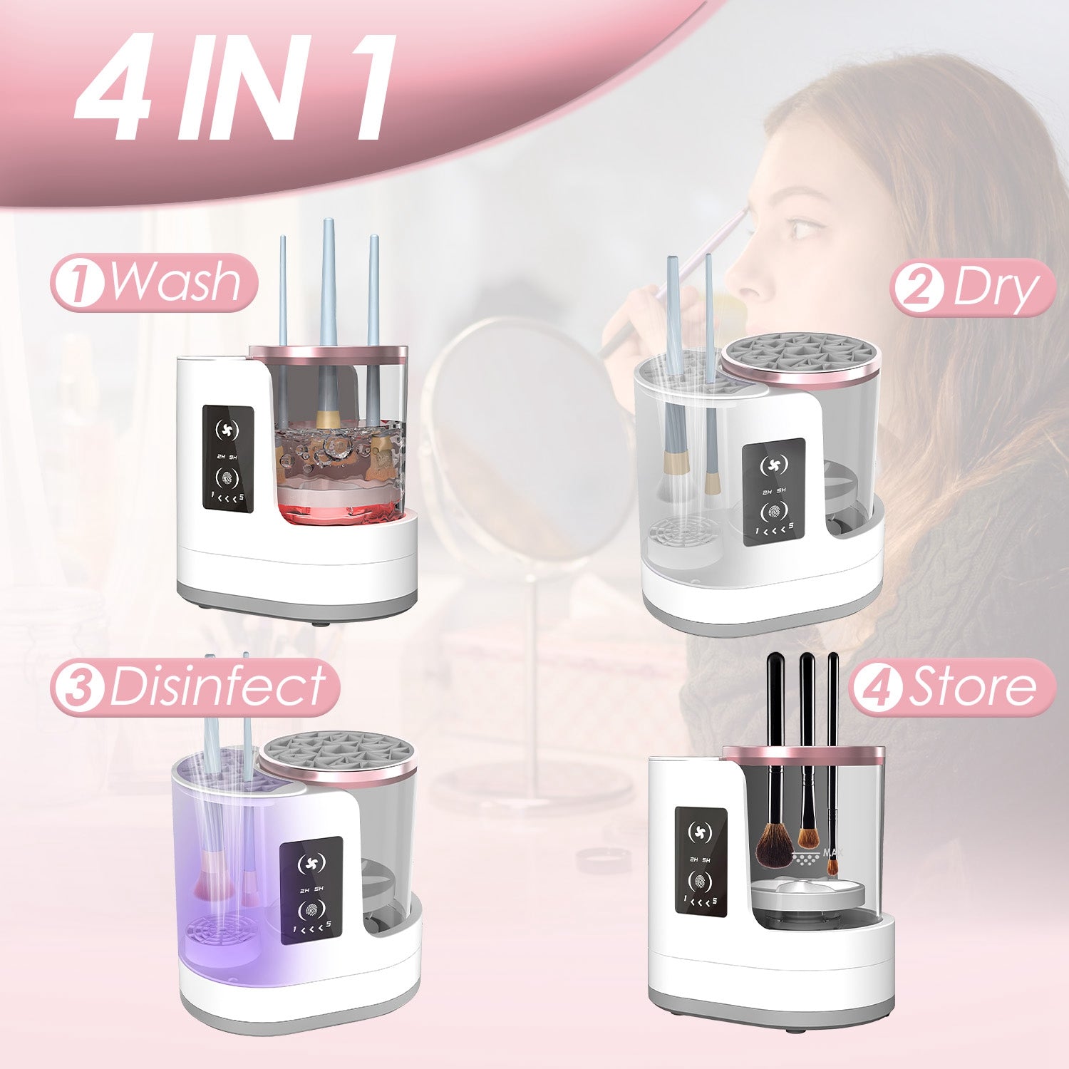 4 In 1 Electric Makeup Brush Cleaner USB Powered Automatic Brush Blender Machine With Timer Digital Display Cleaning Drying UV Disinfection Brush Storage For All Types Of Brushes Valentines Day Gift