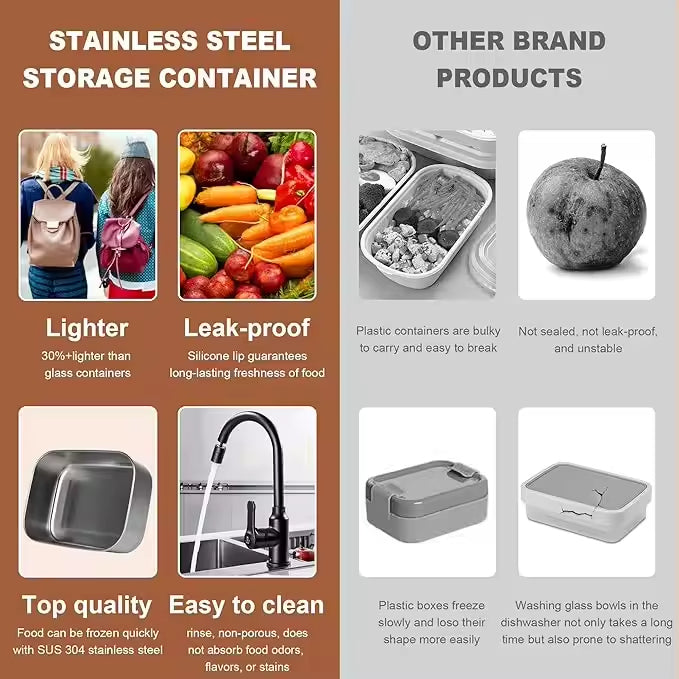 PUCOHOUSE Stainless Steel Food-Grade Storage Containers, Square Freezer And Refrigerator Organizers, Office Lunch Boxes