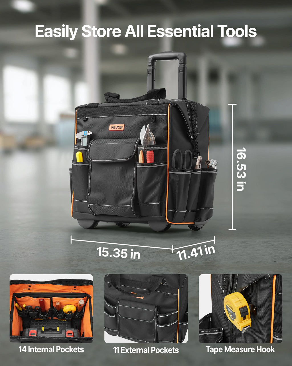 Rolling Tool Bag, 110 Lbs Load Capacity, 25 Pockets Heavy Duty Roller Tool Bag On Wheels, Adjustable Telescoping Handle & Stable Base, Toolbag Organizers With Wheels For Construction, Mechanic