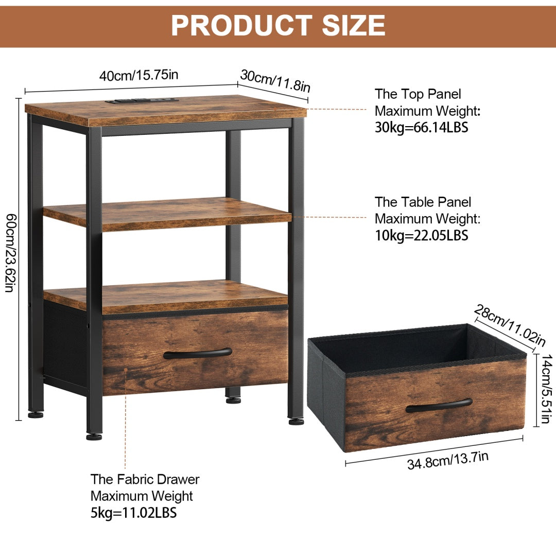 Bedside Table, With Built-in USB- C-type Port Sockets And Adjustable Drawers, 3-layer Storage Rack, And Fabric Drawers