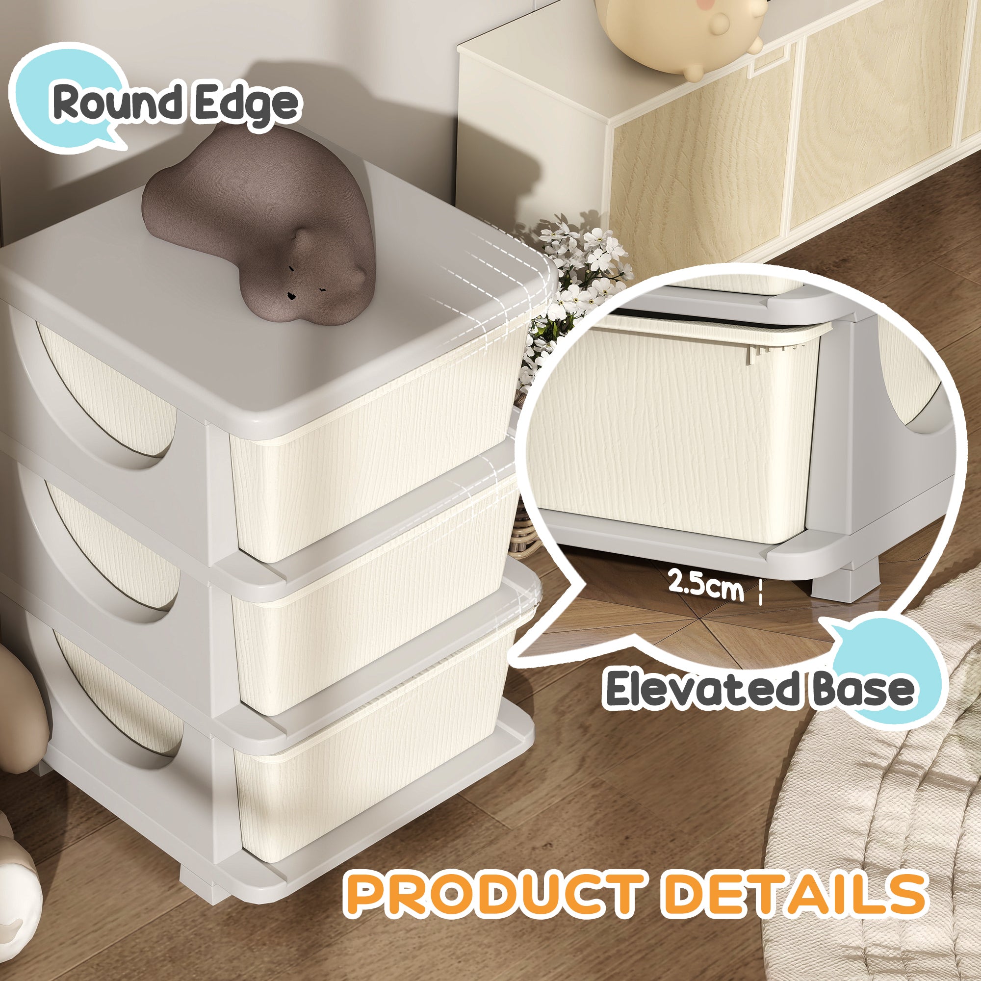 3 Tier Kids Storage Unit, Toy Organizers and Storage with 3 Drawer Chest for Kids Bedroom Nursery Kindergarten Living Room for Boys Girls Toddlers, Cream White