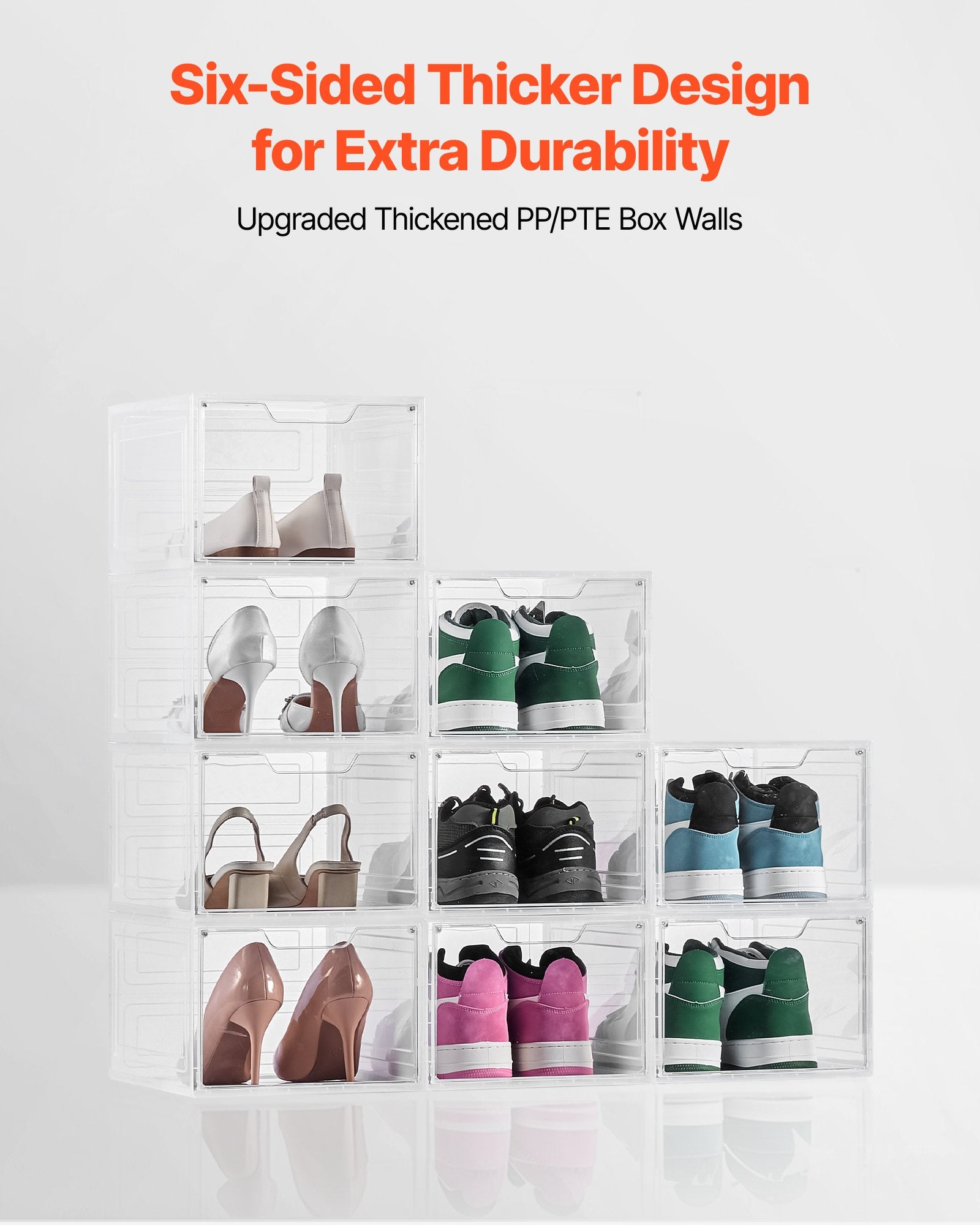 Shoe Storage Boxes, 9 Pack Clear Stackable Shoe Boxes Storage Organizers With Magnetic Door, Fit Up To US Size 13, Plastic Sneaker Containers For High Heels, Boots, And Hats, Transparent White