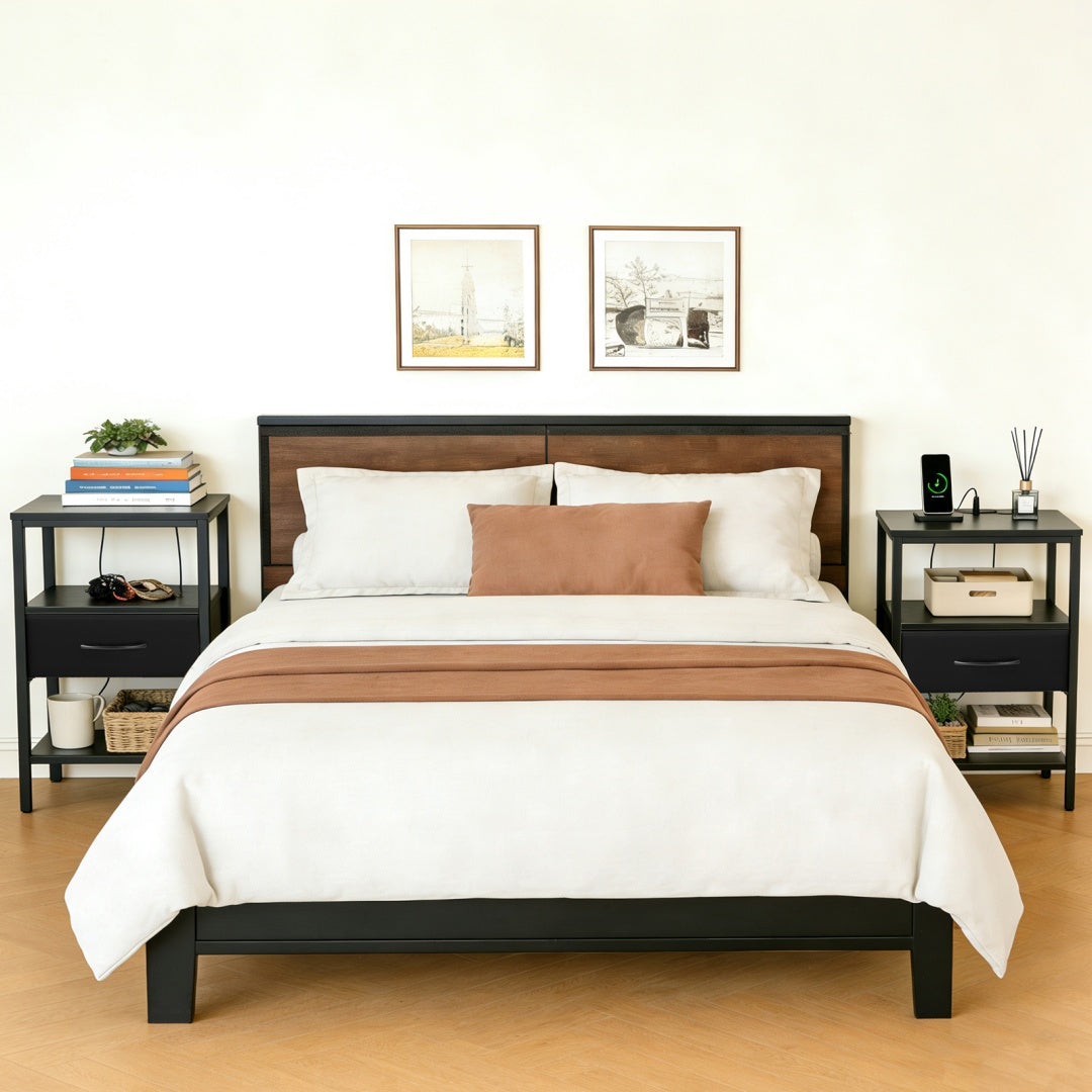 Bedside Table, With Built-in USB- C-type Port Sockets And Adjustable Drawers, 3-layer Storage Rack, And Fabric Drawers