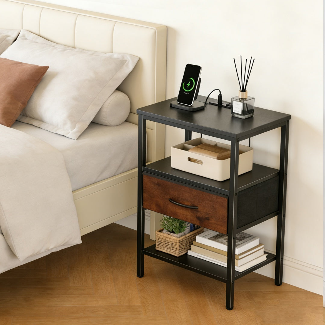 Bedside Table, With Built-in USB- C-type Port Sockets And Adjustable Drawers, 3-layer Storage Rack, And Fabric Drawers