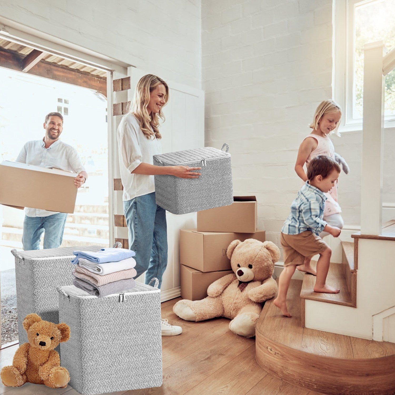 4 Pack Foldable Non Woven Storage Bags Closet Organizers Wardrobe Sorting Baskets With 2 Handles Dustproof Lid Zipper For Clothes Quilt 30L 110L 150L 220L