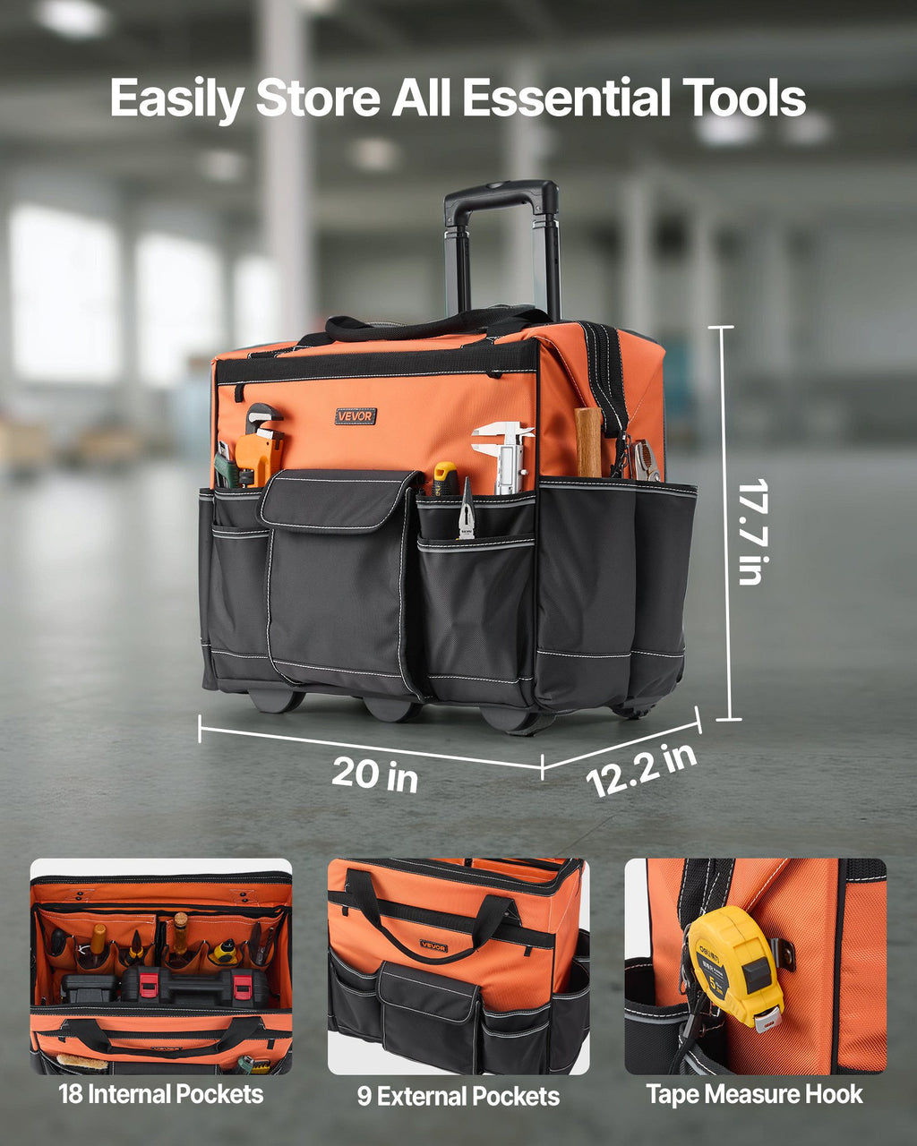 Rolling Tool Bag, 110 Lbs Load Capacity, 27 Pockets Heavy Duty Roller Tool Bag On Wheels, Adjustable Telescoping Handle & Stable Base, Toolbag Organizers With Wheels For Construction, Mechanic