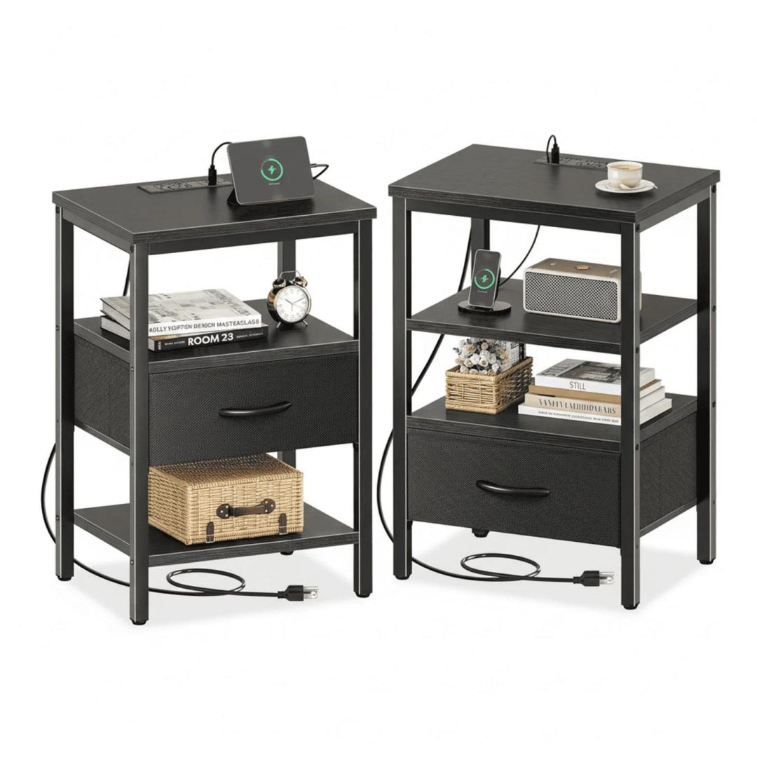 Bedside Table, With Built-in USB- C-type Port Sockets And Adjustable Drawers, 3-layer Storage Rack, And Fabric Drawers