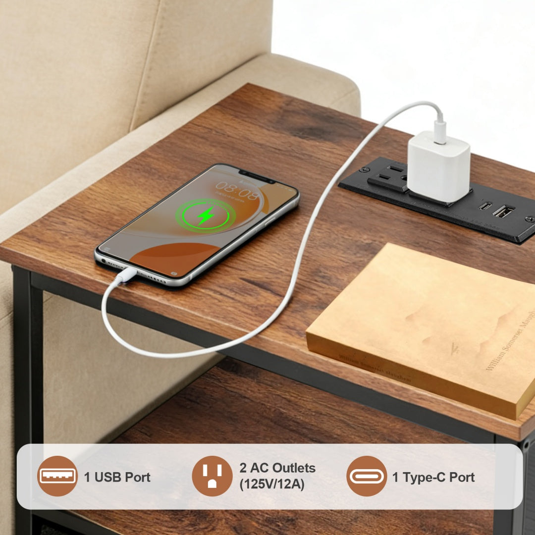 Bedside Table, With Built-in USB- C-type Port Sockets And Adjustable Drawers, 3-layer Storage Rack, And Fabric Drawers