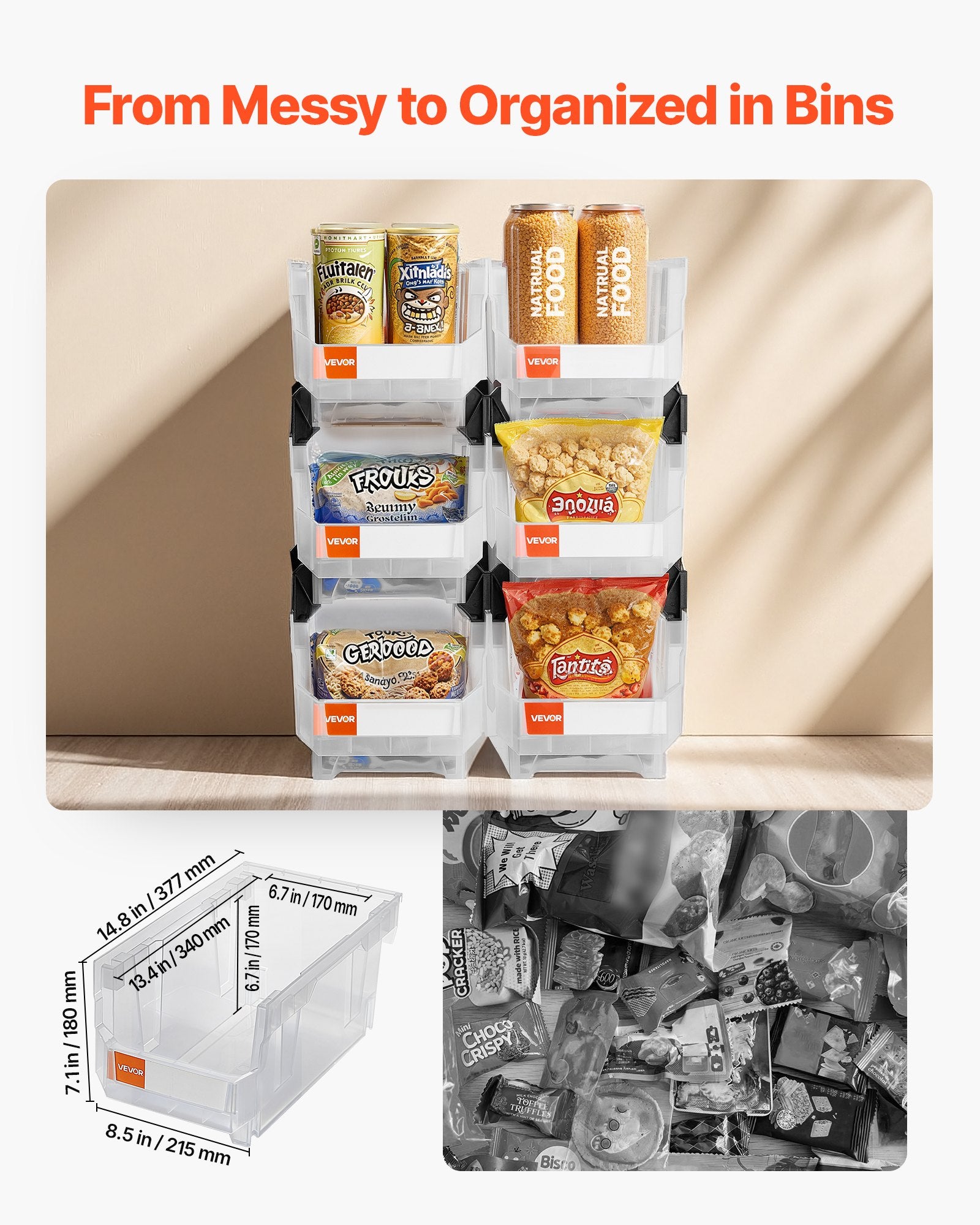 Plastic Stackable Storage Bins, 14.8 X 8.5 X 7.1 Inch (6 Pack), Plastic Containers For Organizing & Storage Bins For Closet, Garage, Small Parts, Office Supplies, Other Accessories, Transparent