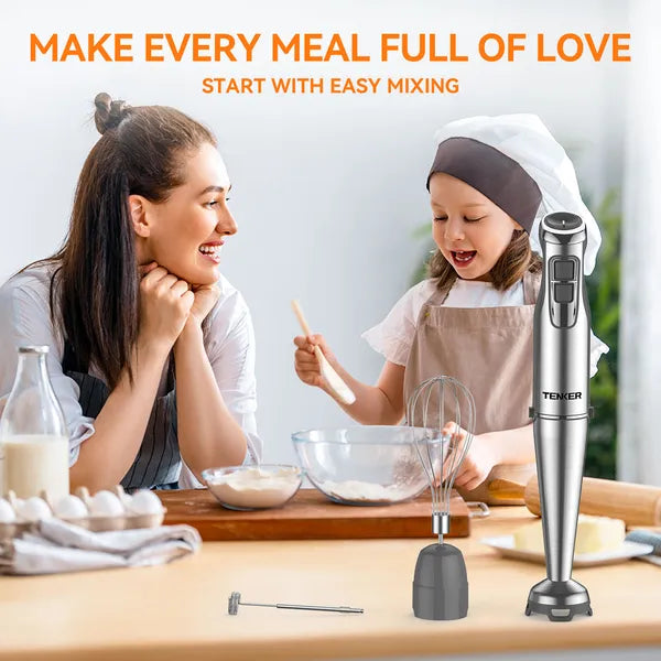 TENKER 1100W Immersion Hand Blender, Stainless Steel Stick Blender With 12-Speed & Turbo Mode, 5-in-1 Handheld Blender With 600ml Mixing Beaker With Lid, 500ml Chopper, Whisk, Milk Frother, BPA-Free