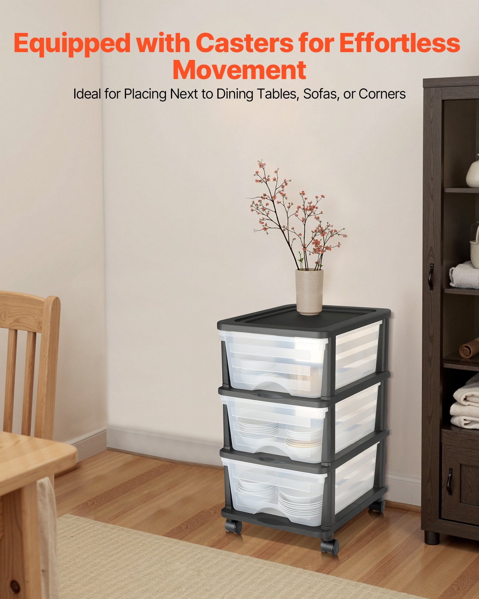 Plastic Storage Drawers Cart, 3 Drawers Storage Organizer With Wheels, Rolling Closet Organization And Storage Dividers, Dresser Organizer Clear Bins For Office Supplies, Craft Rooms, Classrooms