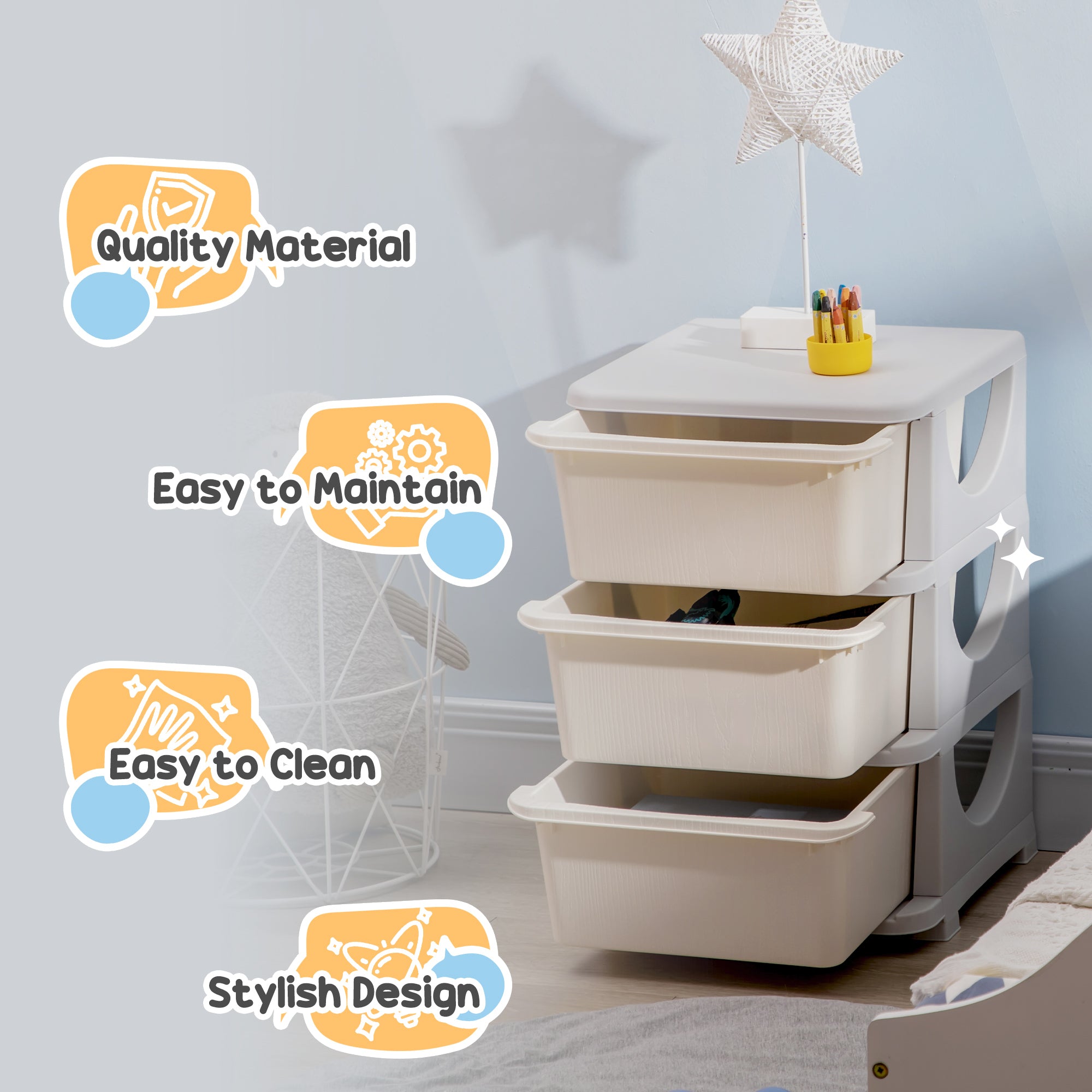 3 Tier Kids Storage Unit, Toy Organizers and Storage with 3 Drawer Chest for Kids Bedroom Nursery Kindergarten Living Room for Boys Girls Toddlers, Cream White