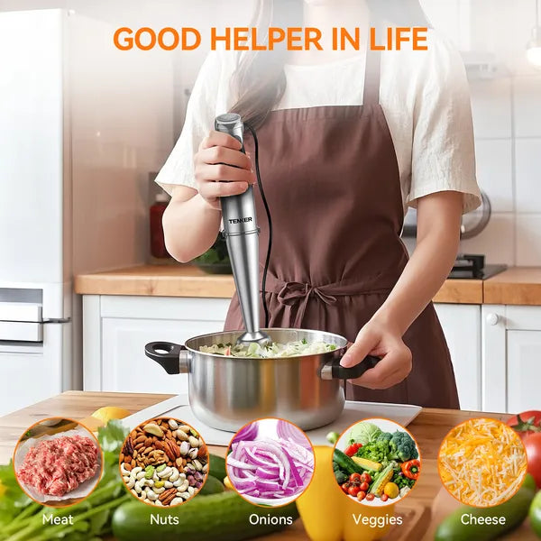 TENKER 1100W Immersion Hand Blender, Stainless Steel Stick Blender With 12-Speed & Turbo Mode, 5-in-1 Handheld Blender With 600ml Mixing Beaker With Lid, 500ml Chopper, Whisk, Milk Frother, BPA-Free