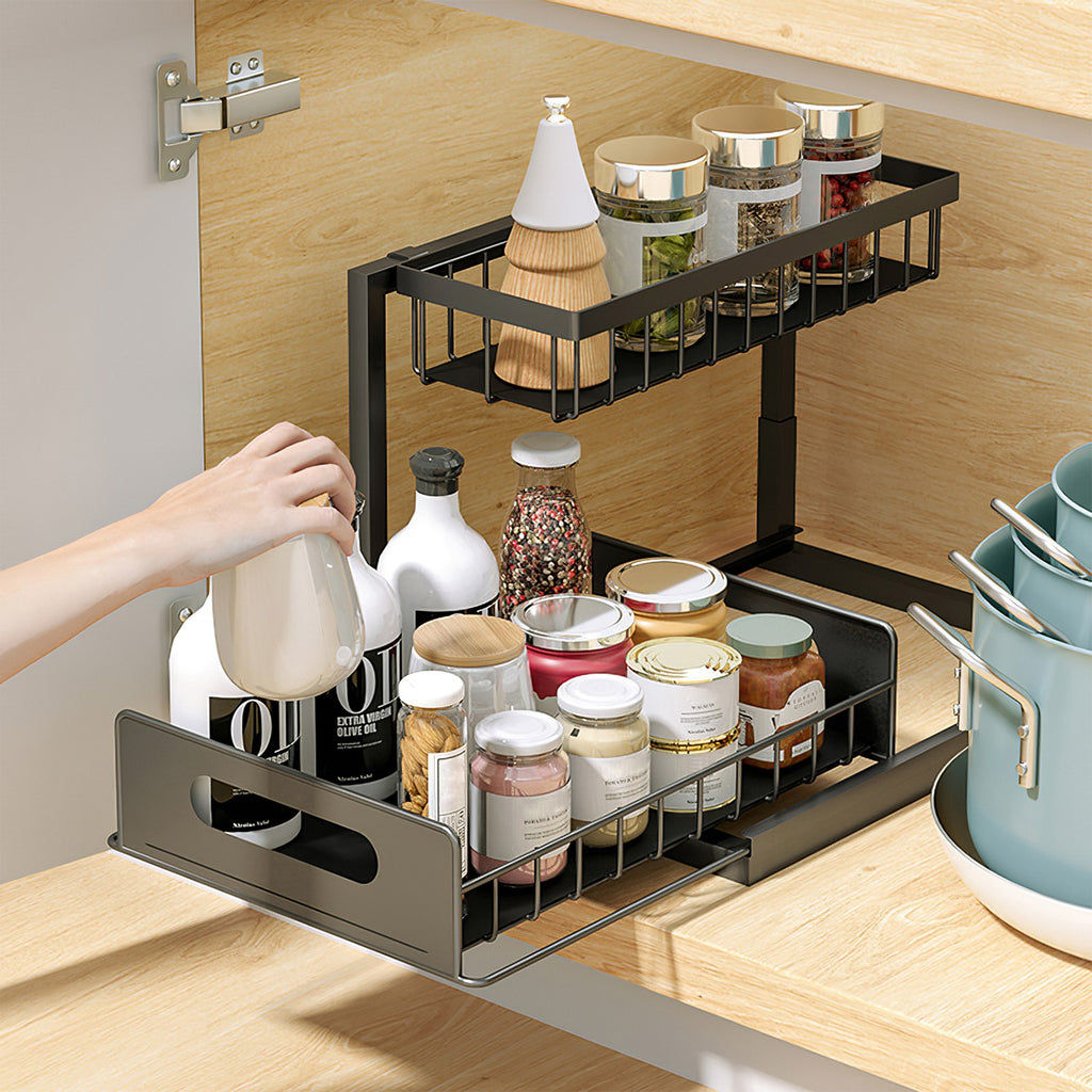 2 Tier Under Sink Organizers Pull Out Under Cabinet Basket Storage Shelf Sliding Drawer For Kitchen Bathroom