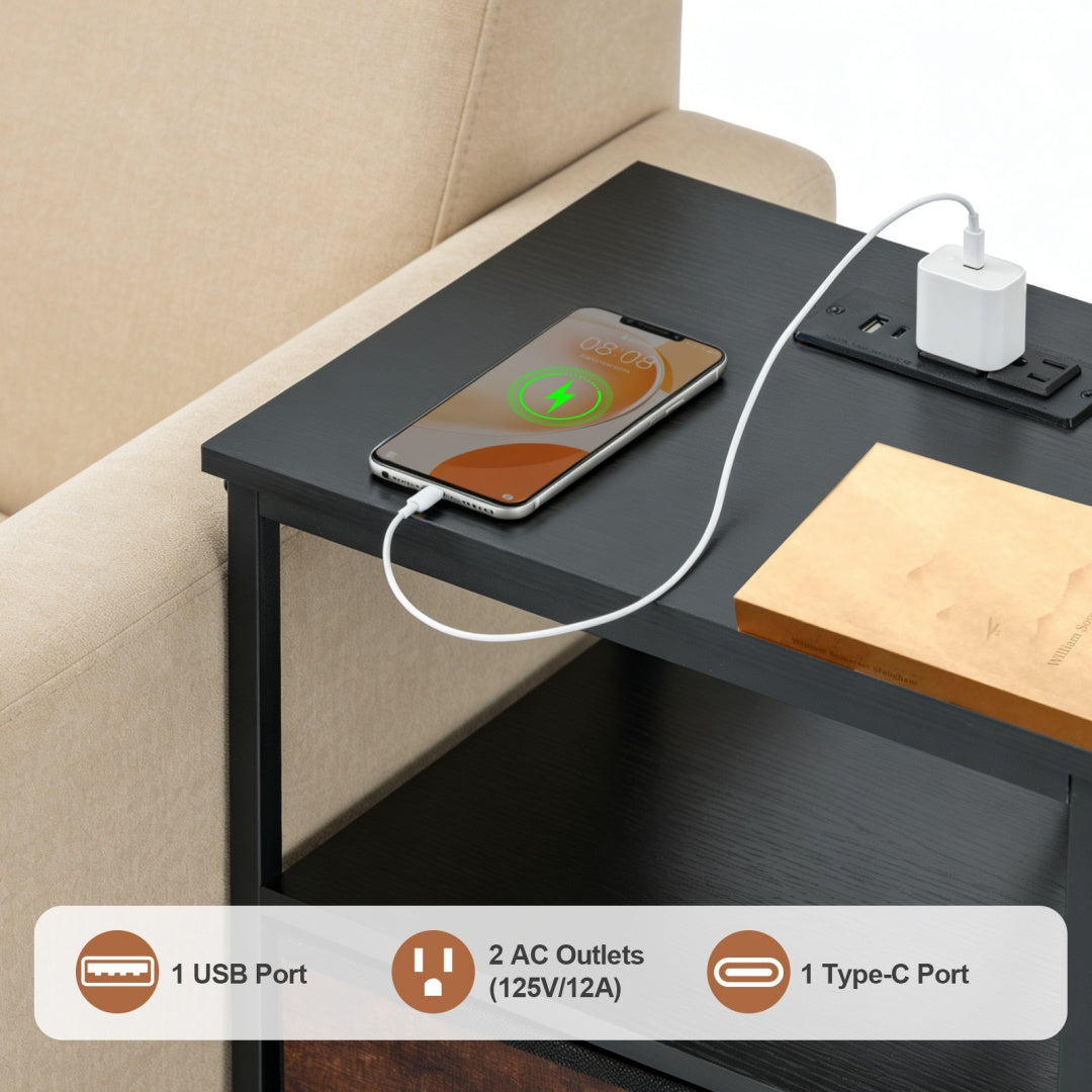 Bedside Table, With Built-in USB- C-type Port Sockets And Adjustable Drawers, 3-layer Storage Rack, And Fabric Drawers