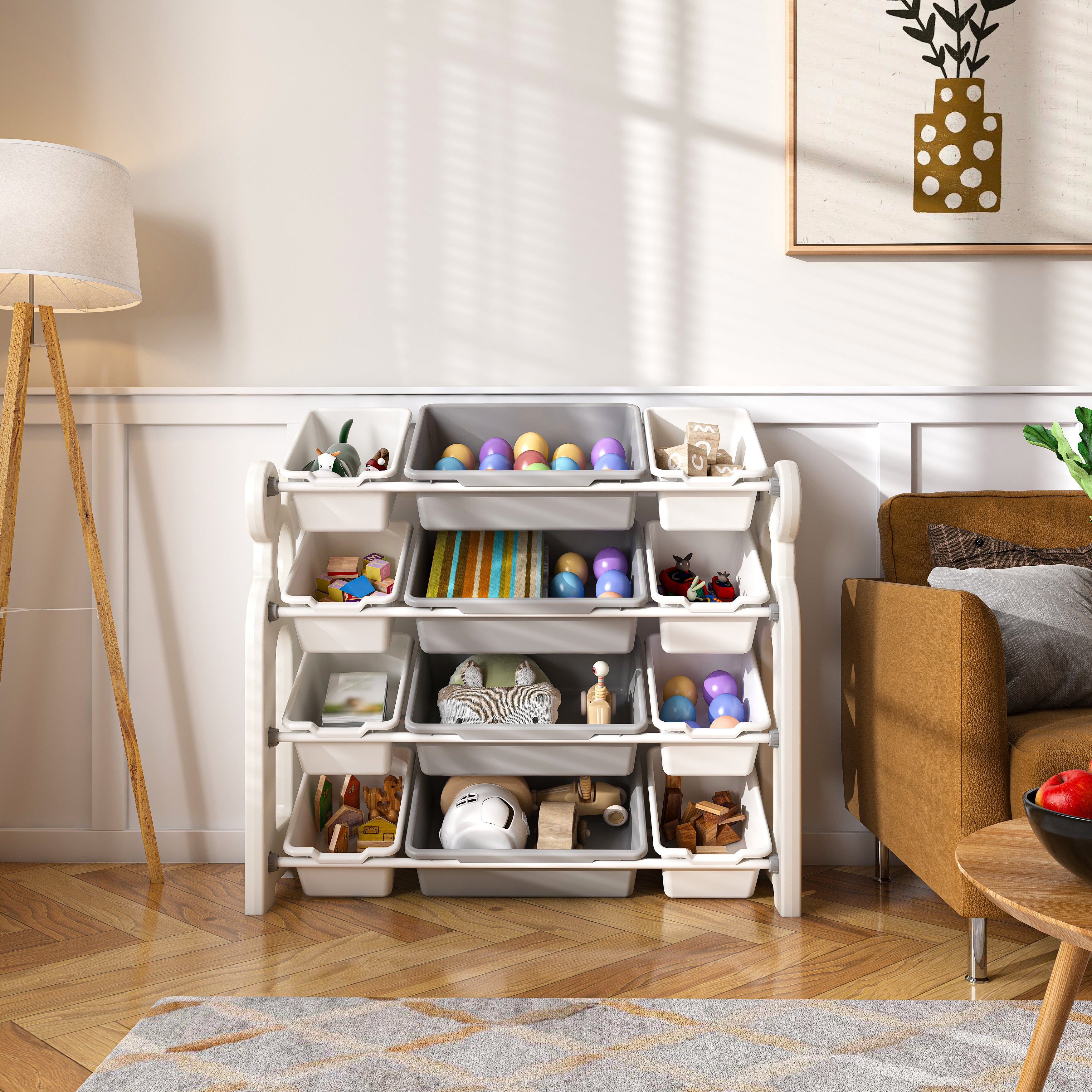 Kids Toy Storage Organizer With 12 Bins, Multi-functional Nursery Organizer Kids Furniture Set Toy Storage Cabinet Unit With HDPE Shelf And Bins For Playroom, Bedroom, Living Room Grey White Color
