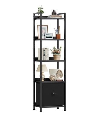 5-layer Bookshelf, Bookcase With Fabric Drawers, Wooden And Metal Storage Boxes