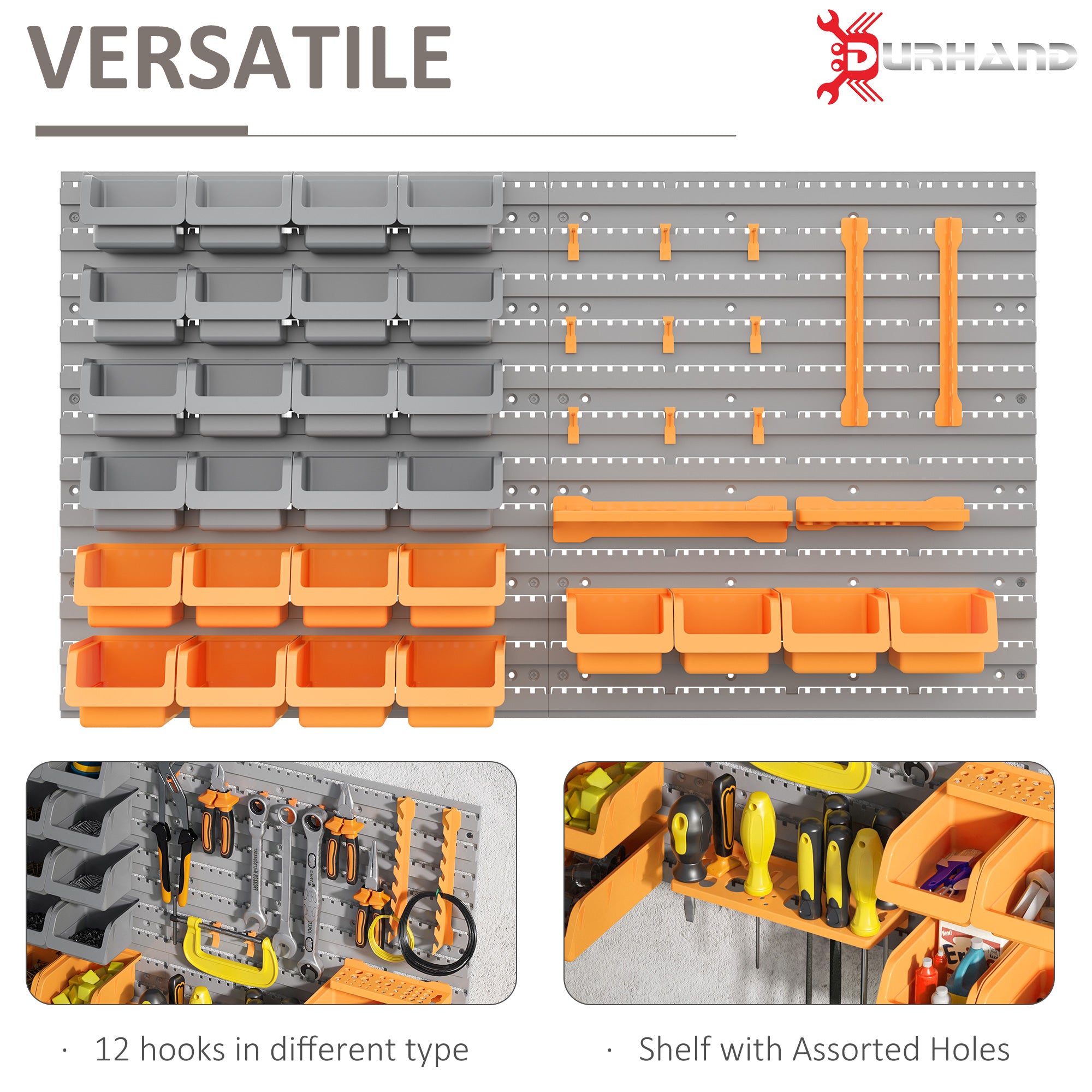 44 PCS Wall Mounted Pegboard Tool Organizer Rack Kit with Various Sized Storage Bins, Pegboard and Hooks, Orange