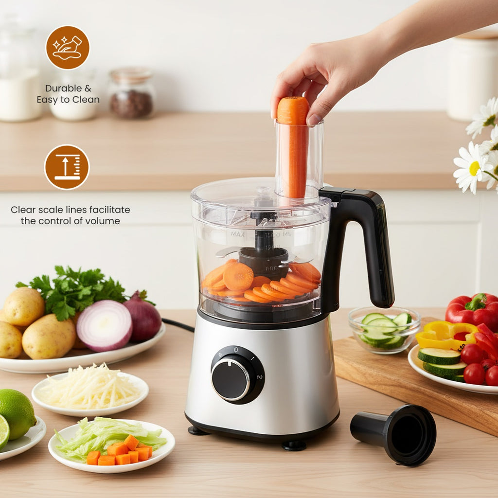 300W Food Processor With Blender & Dough Tool, 2 Speeds, Sharp Blades, Safety Lock -1.5L Glass Jar