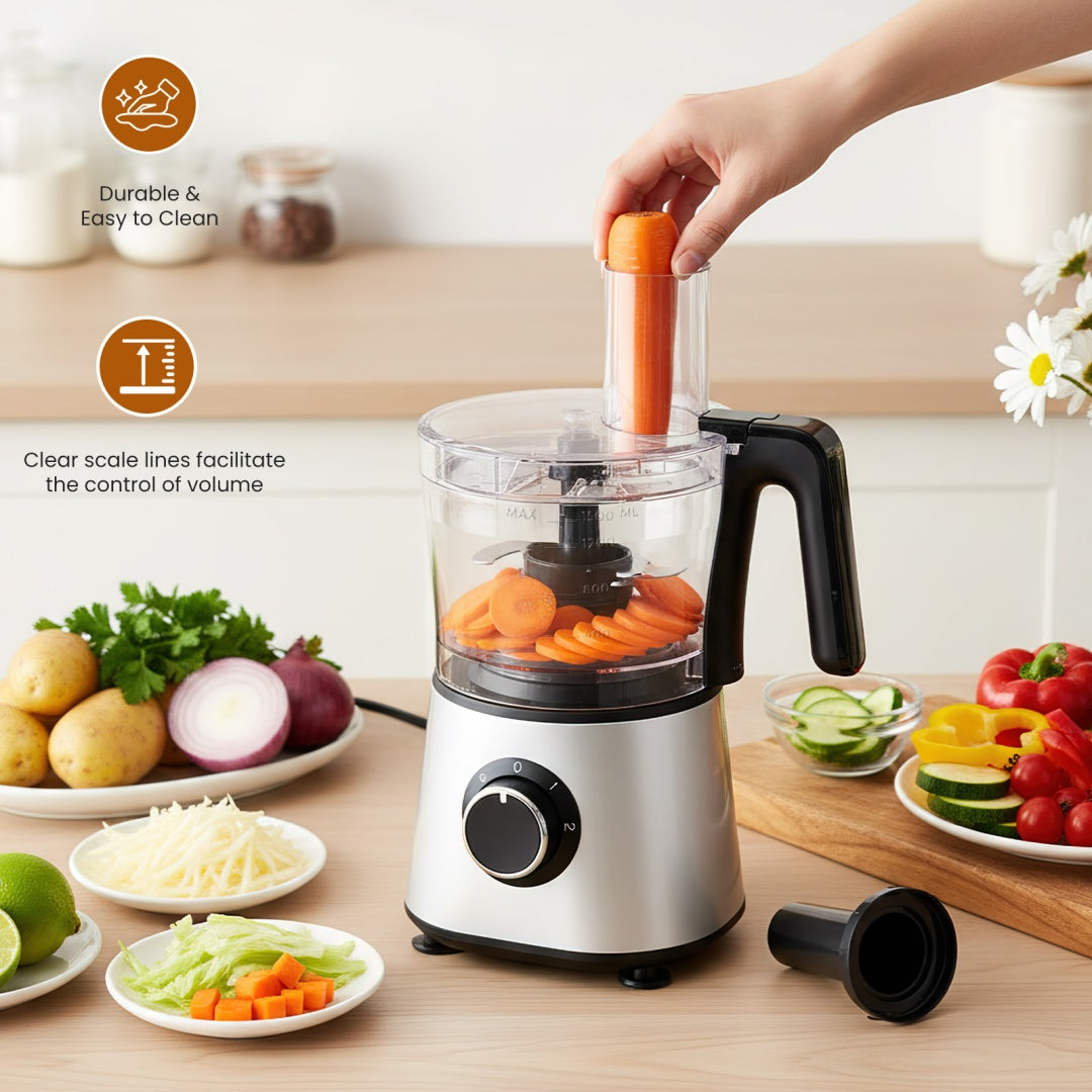 300W Food Processor With Blender & Dough Tool, 2 Speeds, Sharp Blades, Safety Lock -1.5L Glass Jar