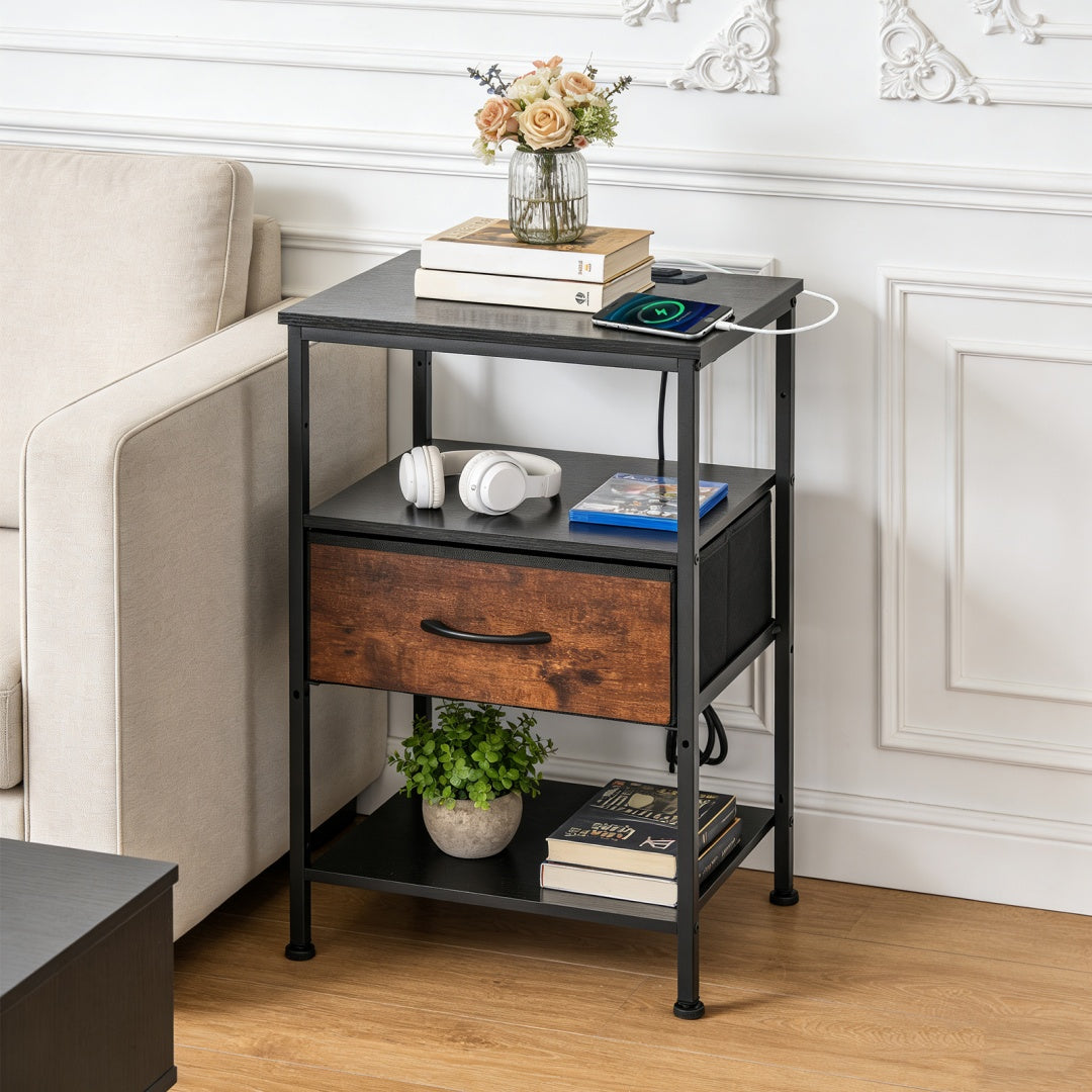 Bedside Table, With Built-in USB- C-type Port Sockets And Adjustable Drawers, 3-layer Storage Rack, And Fabric Drawers