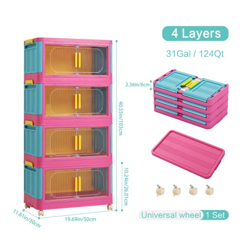 Happy Color, 20 Side Wide Folding Storage Cabinet,4 Tiers,19.69x11.81x40.55,Collapsible Storage Bins With Magnetic Door, Plastic Storage Cabinet With Wheels