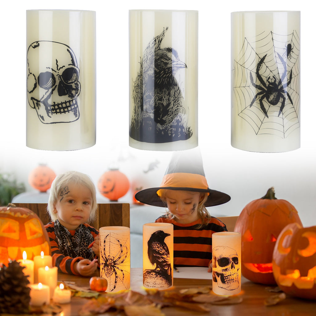 3 Pack Halloween Flameless Candle Lamp With Timer Setting Battery Operated Warm Orange Light Candles For Halloween Party Decoration