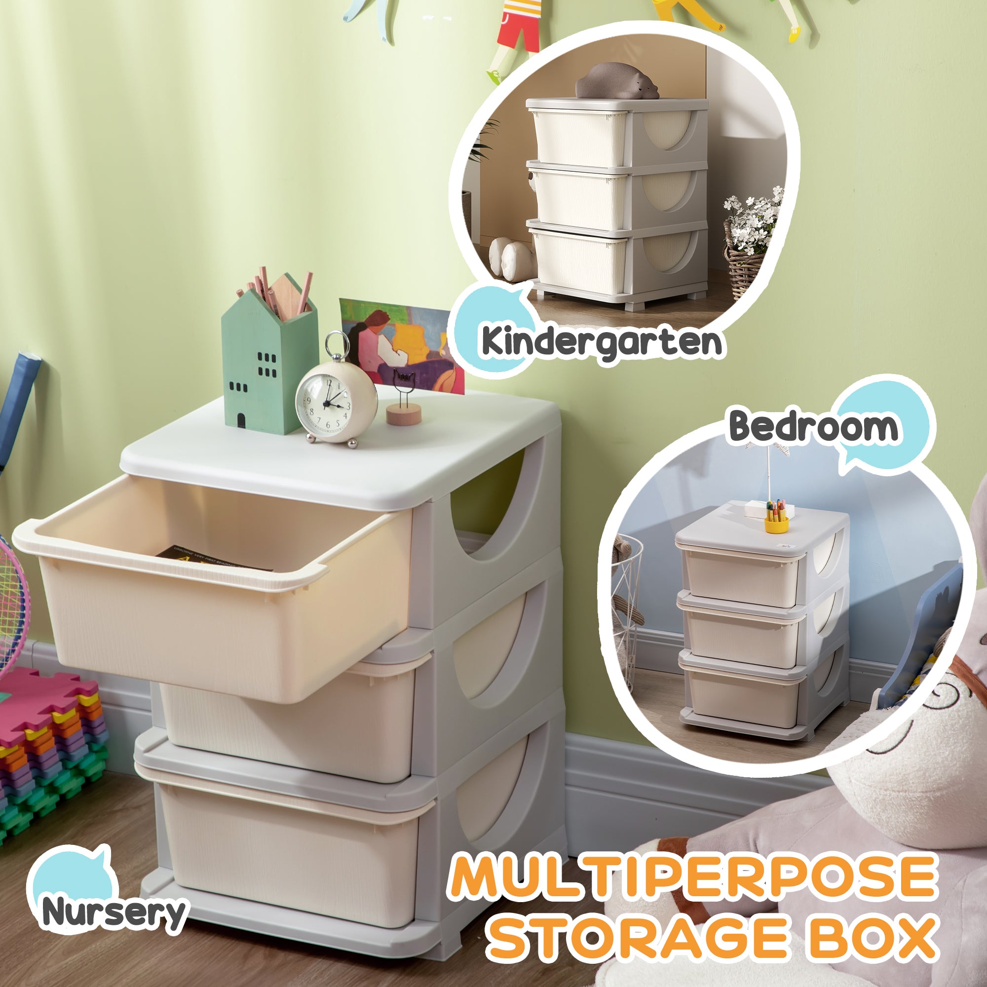 3 Tier Kids Storage Unit, Toy Organizers and Storage with 3 Drawer Chest for Kids Bedroom Nursery Kindergarten Living Room for Boys Girls Toddlers, Cream White
