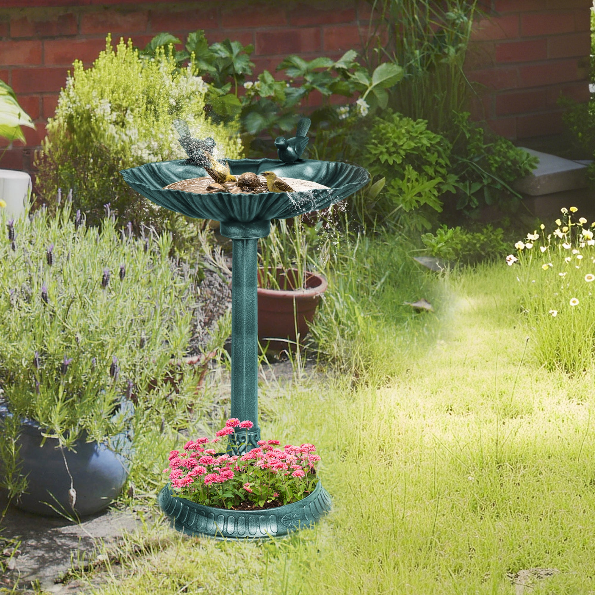 32" Antique Bird Bath Decorative Birdbath Bird Feeder Bowl with Planter Pedestal and Bird Statues, Verdigris