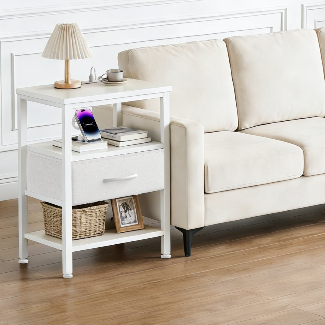 Bedside Table, With Built-in USB-C-type Port Sockets And Adjustable Drawers, 3-layer Storage Rack, And Fabric Drawers