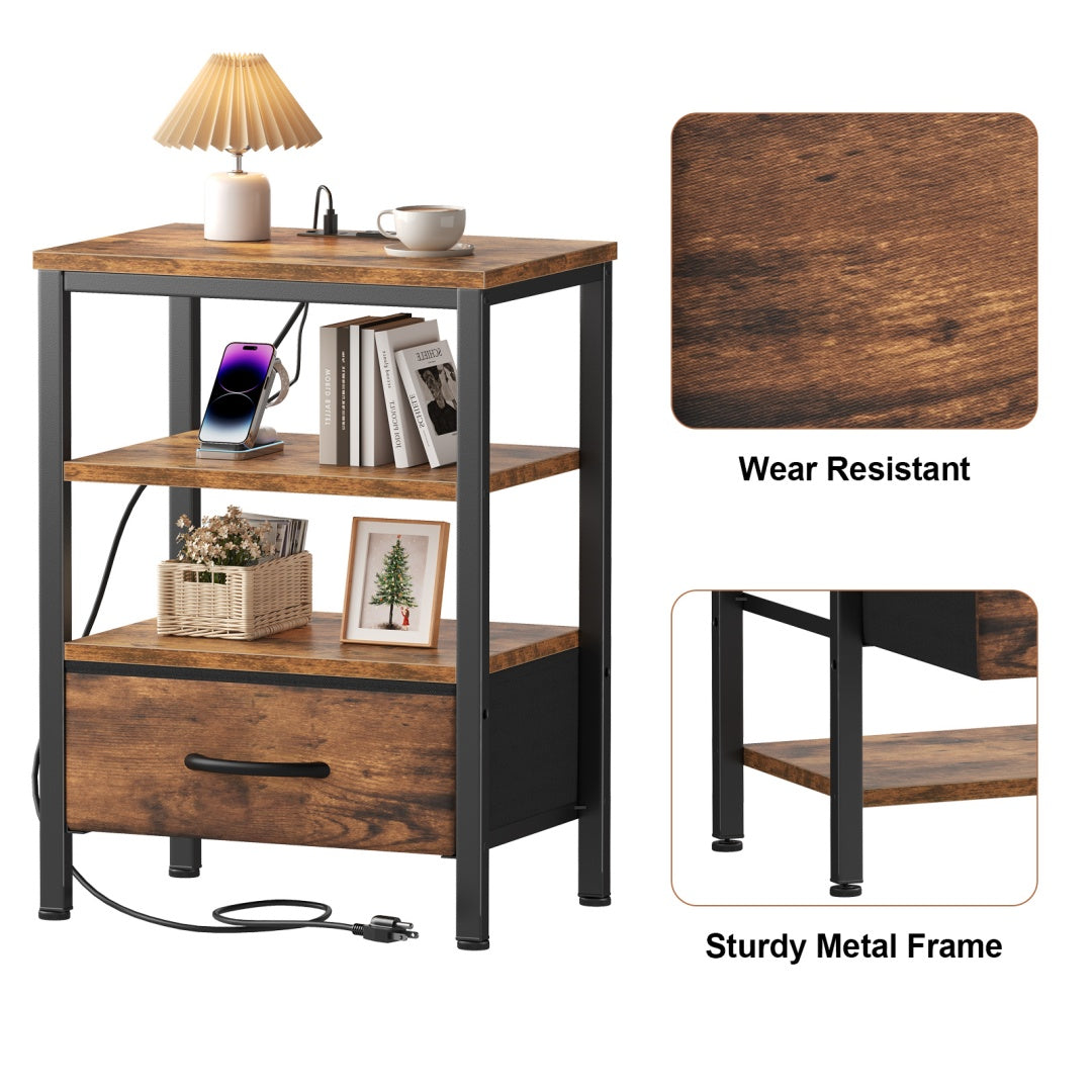 Bedside Table, With Built-in USB- C-type Port Sockets And Adjustable Drawers, 3-layer Storage Rack, And Fabric Drawers