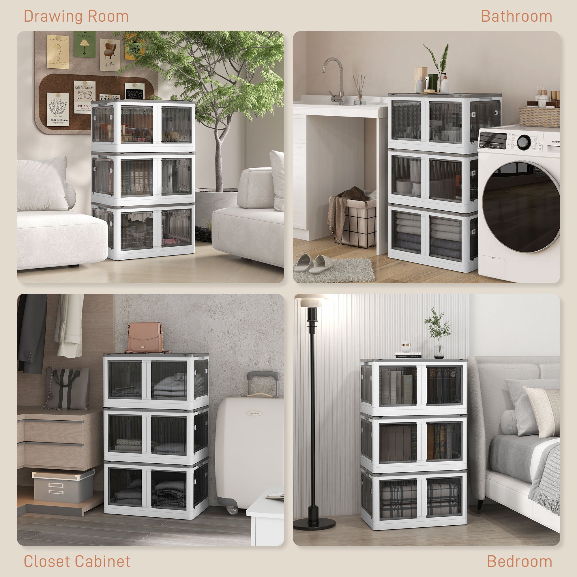 Stackable Storage Bins with Lids, Wheels, and Collapsible, White