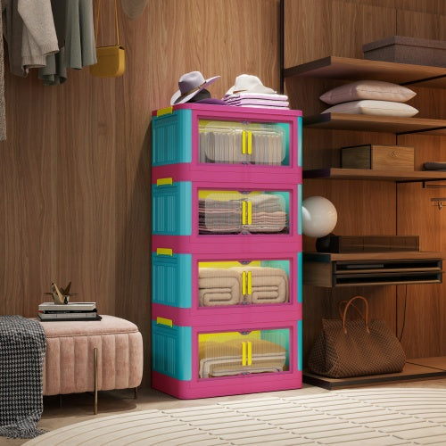 Happy Color, 20 Side Wide Folding Storage Cabinet,4 Tiers,19.69x11.81x40.55,Collapsible Storage Bins With Magnetic Door, Plastic Storage Cabinet With Wheels